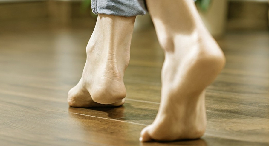 Piedi nudi su parquet con pantaloni arrotolati