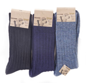 Deep navy and indigo alpaca long socks with ribbed knit and branded tag