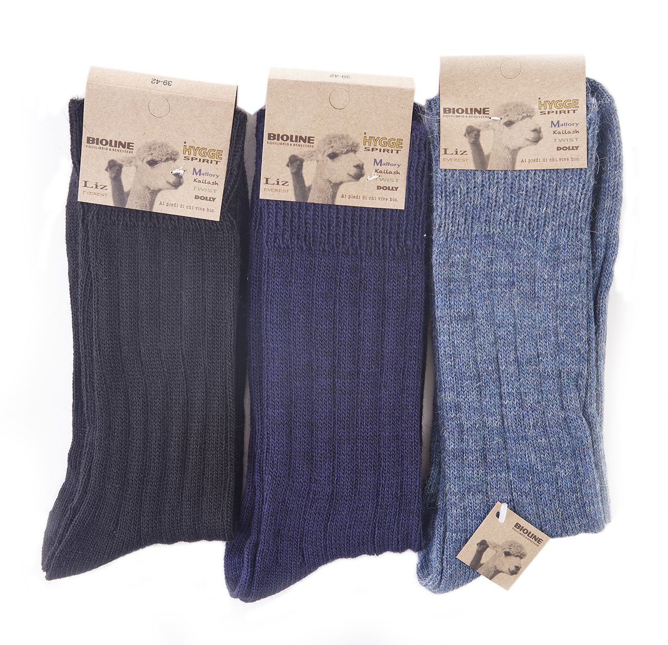Deep navy and indigo alpaca long socks with ribbed knit and branded tag
