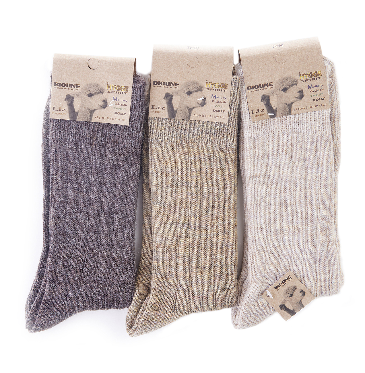 Set 3 calze lunghe Bioliine in alpaca nei toni marrone, sabbia e beige.
