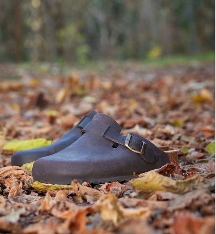 Sabot Bioline marroni su tappeto di foglie in autunno.