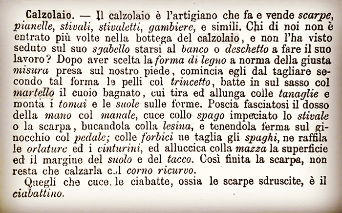 Testo descrittivo del lavoro del calzolaio tratto da fonte d'epoca.