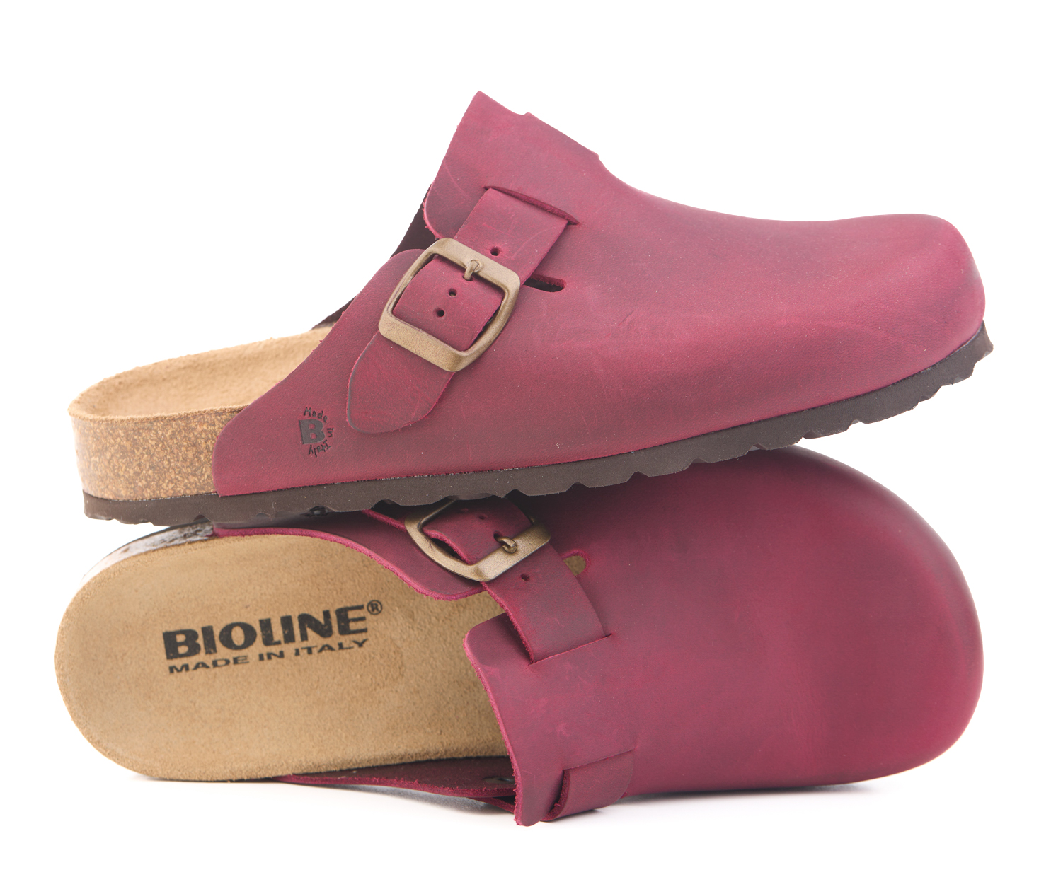 Zoccoli rosso granato Bioliine in cuoio ingrassato con suola anatomica.